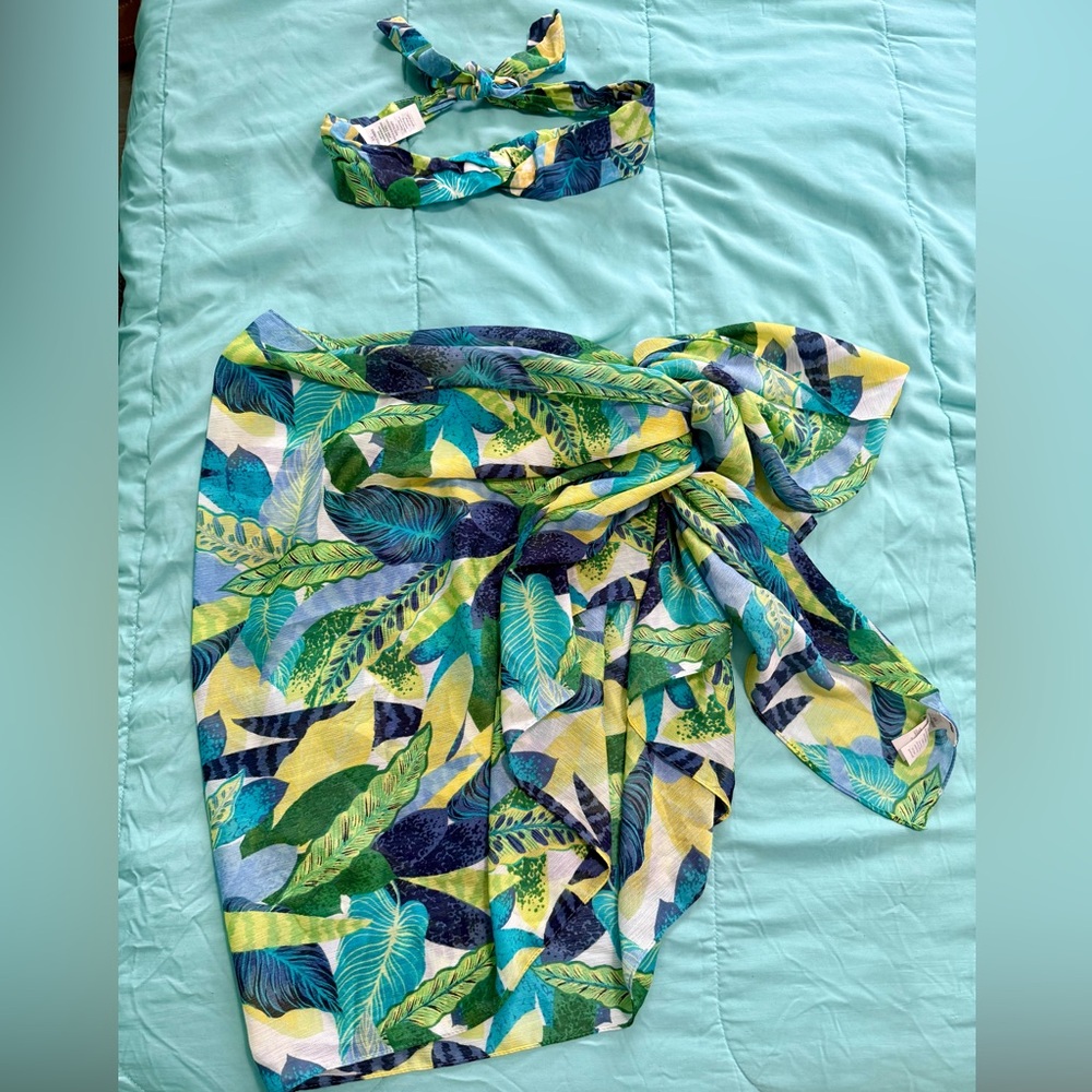 Aerie swim coverup and headband tropical print sarong leaf blue green